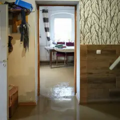 Woda zalewa podłogę w korytarzu i wchodzi do pokoju. Widać drzwi, meble i zasłony. To dowód na potrzebę zabezpieczenia przed zalaniem.
