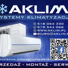 Reklama firmy AKLIM: systemy klimatyzacji, dane kontaktowe, QR kod, Facebook.