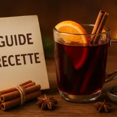 Un verre de vin chaud aux épices, avec un livre "Guide Recette". Quel vin pour un vin chaud ? Un vin rouge fruité et peu tannique est idéal.