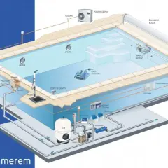 Schemat budowy basenu ogrodowego ze skimmerem, pokazujący system filtracji, pompę ciepła, robot czyszczący i inne elementy.