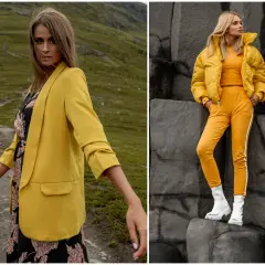Dwie kobiety w stylizacjach w kolorze żółtym: jedna w marynarce i sukience w górach, druga w puchowej kurtce i dresie na tle skał.
