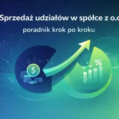 Sprzedaż udziałów w spółce z o.o. - poradnik. Grafika pokazuje rosnący wykres, symbol dolara i procent, sugerując zyskowną transakcję.