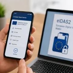 Mano sostiene smartphone con app "European Digital Identity Wallet" eIDAS. Laptop muestra el logo eIDAS2.