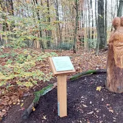 Holzschnitzerei zweier sich umarmender Figuren neben einem Schild mit der Aufschrift "Fatima Kapelle" im Herbstwald.
