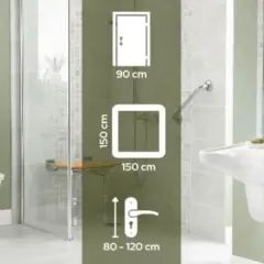 Prysznic dla niepełnosprawnych: wymiary 90x150 cm, drzwi 80-120 cm. Łazienka z uchwytami i siedziskiem.