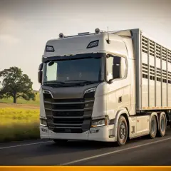 Weißer LKW mit Viehanhänger fährt auf der Straße, vorbei an Windrädern und Bäumen. Ein LKW-Fahrverbot am Wochenende ist hier wohl kein Thema.