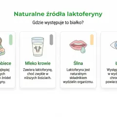 Naturalne źródła laktoferyny: mleko kobiece, mleko krowie, ślina i łzy. Laktoferyna to białko występujące w tych wydzielinach.