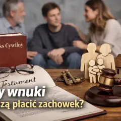 Testament i Kodeks Cywilny na stole. Rodzina w tle. Czy wnuki muszą płacić zachowek?