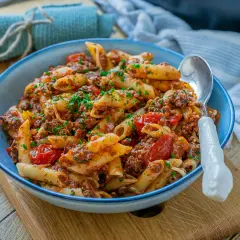 Herzhafte Nudeln mit Hackfleisch und Tomaten, garniert mit frischer Petersilie, serviert in einer blauen Schüssel auf einem Holzbrett.