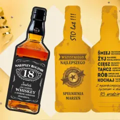 Kartka na 18 urodziny w stylu butelki whiskey i piwa. "Sto lat!" i życzenia "Śmiej, żyj, ciesz, tańcz, rób, kochaj" dla wyjątkowego jubilata.