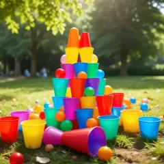 Färgglad stapel av plastmuggar och bollar i en park, redo för en 5 kamp hemma.