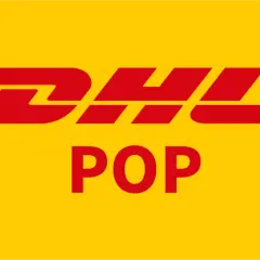 Logo DHL z napisem POP. Szybka dostawa z DHL pobranie.