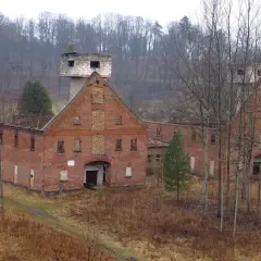 Ruiny ceglanych budynków, przypominające jedne z największych twierdz w Polsce, otoczone drzewami.