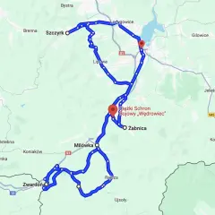 Trasa przez ciekawe miejsca na południu Polski: Szczyrk, Wisła, Zwardoń, Milówka, Rajcza, z zaznaczonym schronem bojowym „Wędrowiec”.