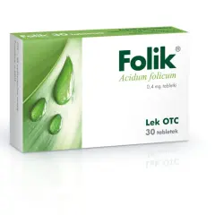 Opakowanie leku Folik z kwasem foliowym, 30 tabletek. Na zielonym tle krople wody.