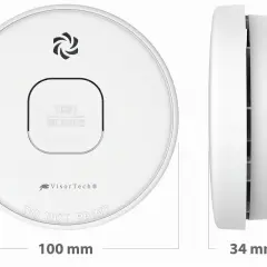 VisorTech Rauchmelder Test: Weißer Rauchmelder mit Test/Silence-Taste und Logo. Maße 100 mm Durchmesser, 34 mm Höhe.