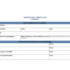 Formulario de adaptación curricular LOMLOE para **acis educación**, con datos del alumno y profesionales.