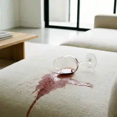 Ein umgekipptes Weinglas hinterlässt einen roten Fleck auf dem hellen Sofa. Ein kleiner Kaffeefleck ist auch auf dem Tisch zu sehen.