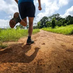 Un coureur en plein entrainement trail 20 km sur un chemin de terre bordé d'herbes hautes et d'arbres luxuriants.