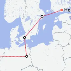 En karta som visar en rutt för att tågluffa Europa, från Nederländerna via Danmark och Polen till Helsingfors.