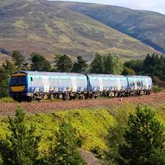 Ein blauer Zug fährt durch die schottischen Highlands, vorbei an grünen Hügeln und Nadelbäumen.
