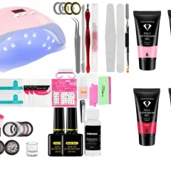 Allt för att köpa gellack: UV-lampa, polygel, nagelfilar, dekorationer och tillbehör för en komplett manikyr.