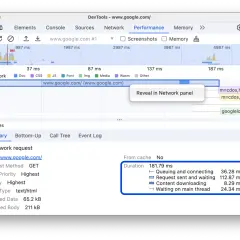 Narzędzia deweloperskie Chrome pokazują szczegóły żądania sieciowego dla www.google.com, w tym czas trwania i poszczególne etapy ładowania.
