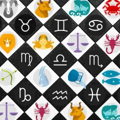 Znak zodiaku **październik** to Waga lub Skorpion. Wizerunki wszystkich znaków zodiaku na czarno-białej szachownicy.