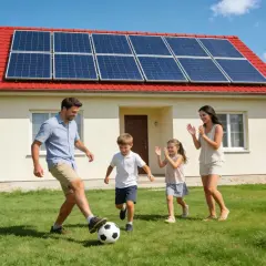 Rodzina gra w piłkę na trawniku przed domem z instalacją fotowoltaiczną 3 kW. Cena z montażem tej ekologicznej energii jest przystępna.