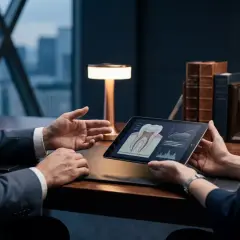 Analisi delle cause dei denti sensibili su un tablet, con un dentista che spiega a un paziente.