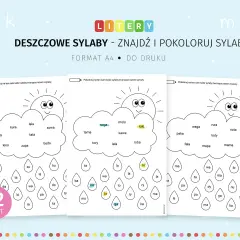 Karty pracy "Deszczowe sylaby" do nauki czytania. Dzieci kolorują sylaby tworzące wyrazy, ćwicząc litery.