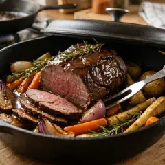 Saftiger Rinderbraten mit Wurzelgemüse und Rosmarin, perfekt für ein köstliches rinderbraten rezept.