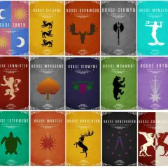 Affichettes des maisons de Game of Thrones : Loup, poisson, soleil, lion, cerf, etc. Chaque maison a son emblème et sa devise.