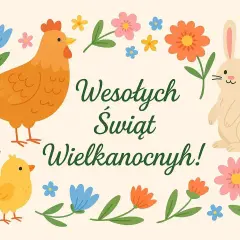 Wesołych Świąt Wielkanocnych! Urocza kurka, pisklę i zajączek wśród kolorowych kwiatów składają życzenia wielkanocne dla dzieci.
