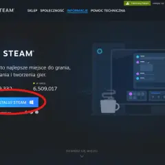 Przycisk "Zainstaluj Steam" na stronie głównej platformy, który pomoże Ci rozpocząć proces jak zainstalować Steam.
