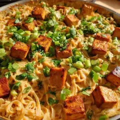 Pyszny makaron z tofu w kremowym sosie, posypany szczypiorkiem i kolendrą. Idealny dla wegan.