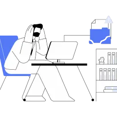 Un consultant GED stressé, mains sur la tête, face à un ordinateur. Un dossier bleu avec un point d'exclamation suggère un problème de gestion documentaire.
