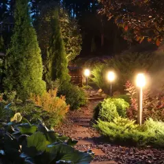 Pięknie oświetlony ogród nocą. Lampki solarne, które same się ładują, tworzą magiczną atmosferę.
