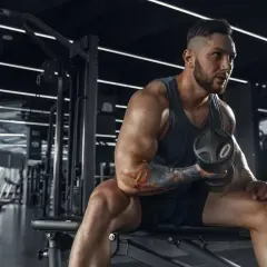 Muskularny mężczyzna z tatuażami ćwiczy biceps z hantlem w siłowni. Jego determinacja jest widoczna, jakby każdy trening był krokiem do celu, być może wspieranym przez suplementy takie jak clenbuterol.