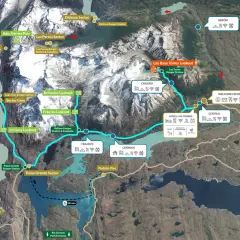 Karte von Torres del Paine Nationalpark mit Wanderrouten, Aussichtspunkten wie Británico Lookout und Unterkünften.