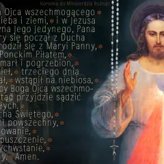Obraz Jezusa Miłosiernego z koralami, symbolizujący modlitwę i wiarę.