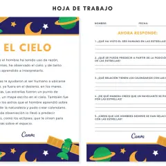 Hoja de trabajo para lectura comprensiva 3 primaria sobre el cielo y las estrellas. Incluye preguntas para reflexionar.