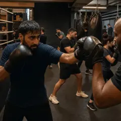 A boxer puncher meaning is demonstrated as a man in boxing gloves throws a punch during training, with others practicing in the background.