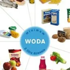 Talerz zdrowego żywienia: mleko, ryby, pieczywo, owoce, warzywa i minimum 2 litry wody dziennie.
