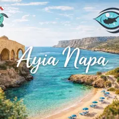 Malownicze wybrzeże Ayia Napa z kamiennymi ruinami, turkusową wodą i piaszczystą plażą.