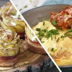 Potatisrosor inslagna i bacon, bakade i ugn. Bredvid en panna med krämig polenta toppad med knaprigt bacon och gräslök.