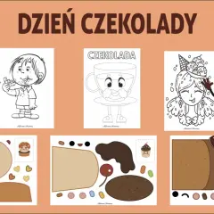 Zabawy plastyczne na dzień czekolady w przedszkolu: kolorowanki, wycinanki i dopasowywanie par słodkości.