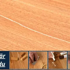 Så här fixar du repor i parkett. Bilden visar en repa i parkettgolv och hur man reparerar den med vaxstift och en värmepenna.