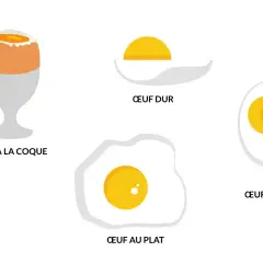 Œuf à la coque, œuf dur, œuf au plat, œuf mollet. Différentes préparations d'œufs, une source de cholestérol à consommer avec modération.