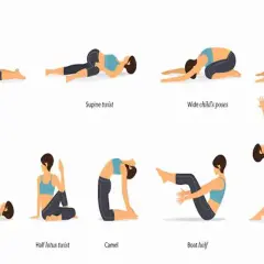Illustrations de yoga montrant des postures pour soulager la sciatique, comme le chien tête en bas et la torsion supine.